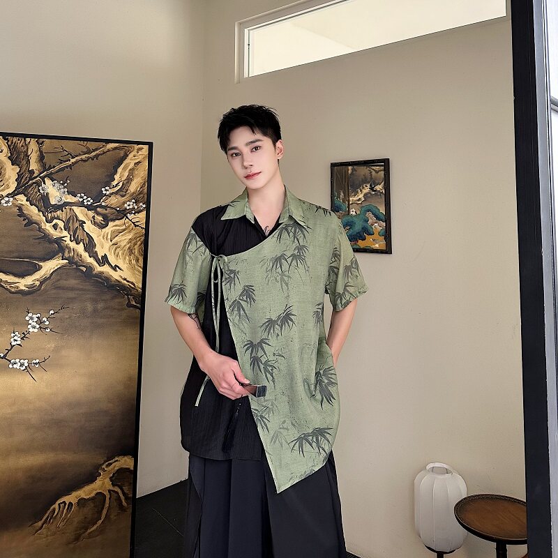 夏季新中式墨竹拼色多片式设计翻领短袖男女衬衣复古风6819P90,男装T恤,电商A246