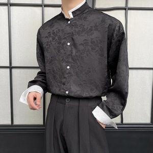 春夏新中式提花撞色立领男女长袖衬衣复古禅意休闲衬衫5234P95图片
