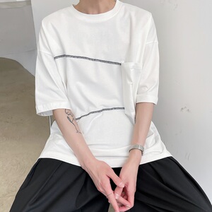 山本暗黑风小众撞色线贴袋个性圆领冷淡风圆领短袖9993-P55图片