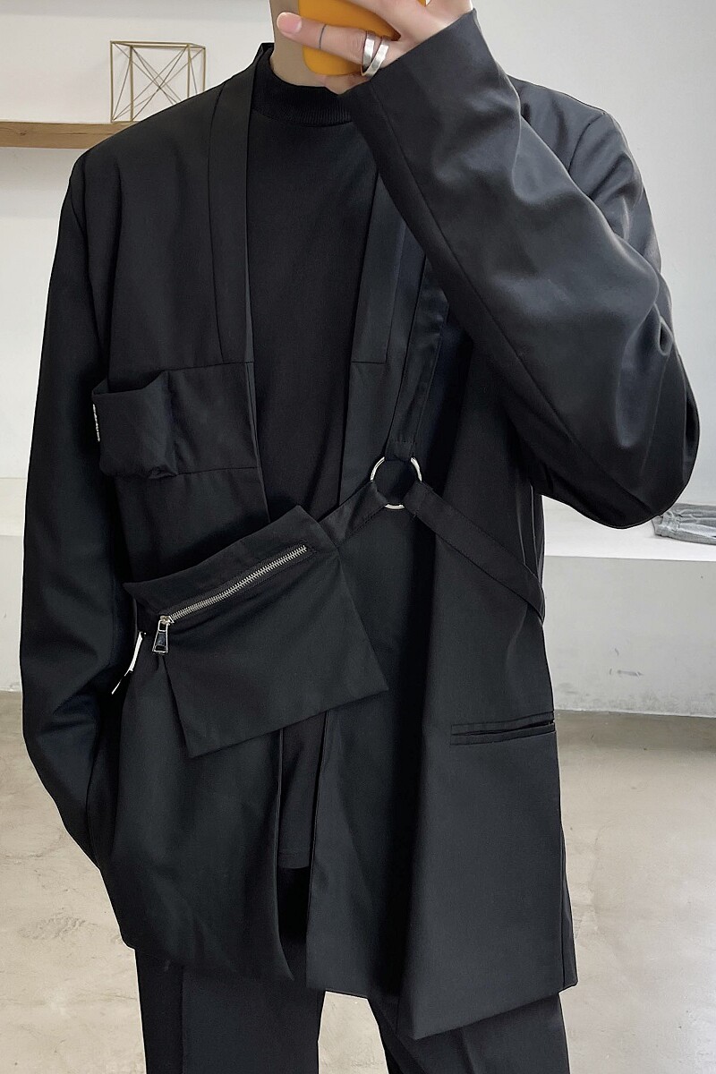 新款暗黑个性绑带腰包潮流机能风宽松休闲西服外套3846-P125,男装西服,电商A246