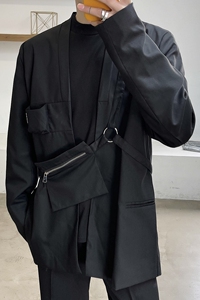 新款暗黑个性绑带腰包潮流机能风宽松休闲西服外套3846-P125图片