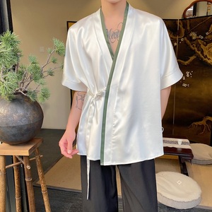 夏季新中式缎面拼色绑带设计短袖男女衬衣复古风禅意5257P85图片