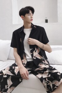 冷淡风个性印花翻领短袖男衬衣潮流时髦发型师雅痞衬衫529P65图片