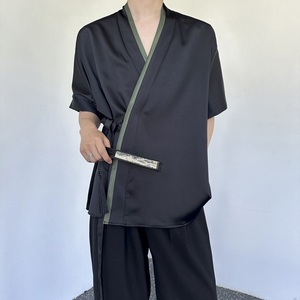 夏季新中式缎面拼色绑带设计短袖男女衬衣复古风禅意5257P85图片