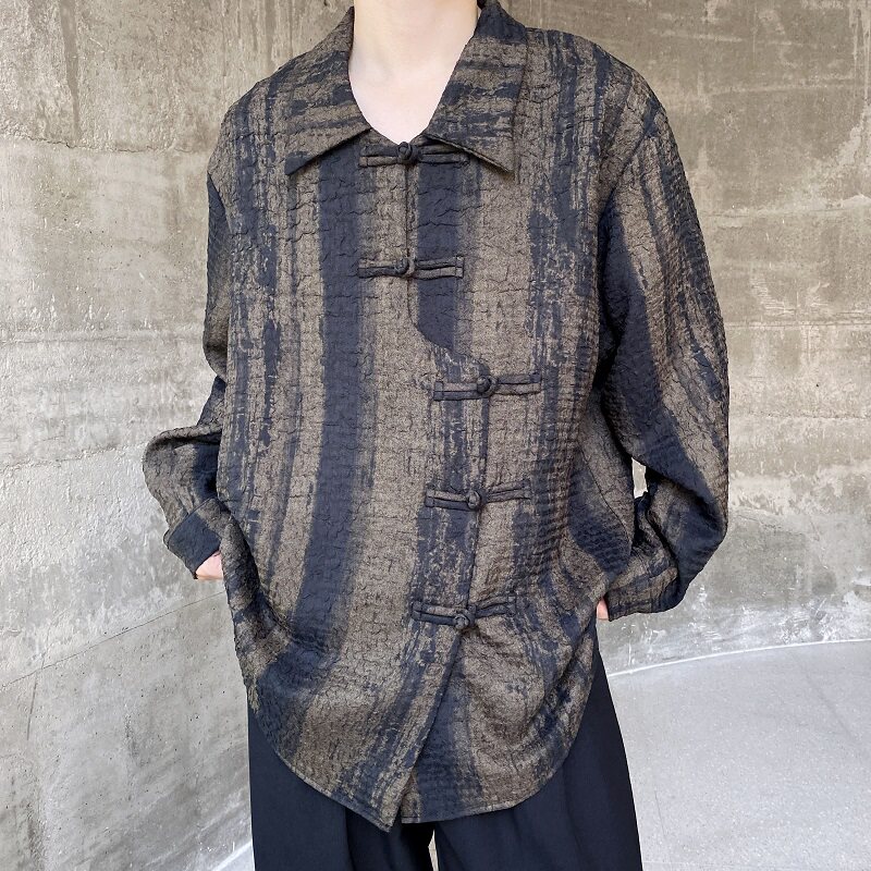 秋冬新款中式肌理纹水墨翻领长袖男女衬衣复古禅意衬衫5171P95图片