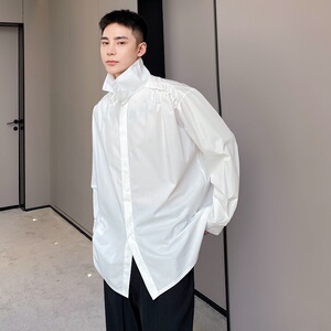 新款小众设计师立领衬衫男肩膀褶皱中性风外套A246-2448-P70图片