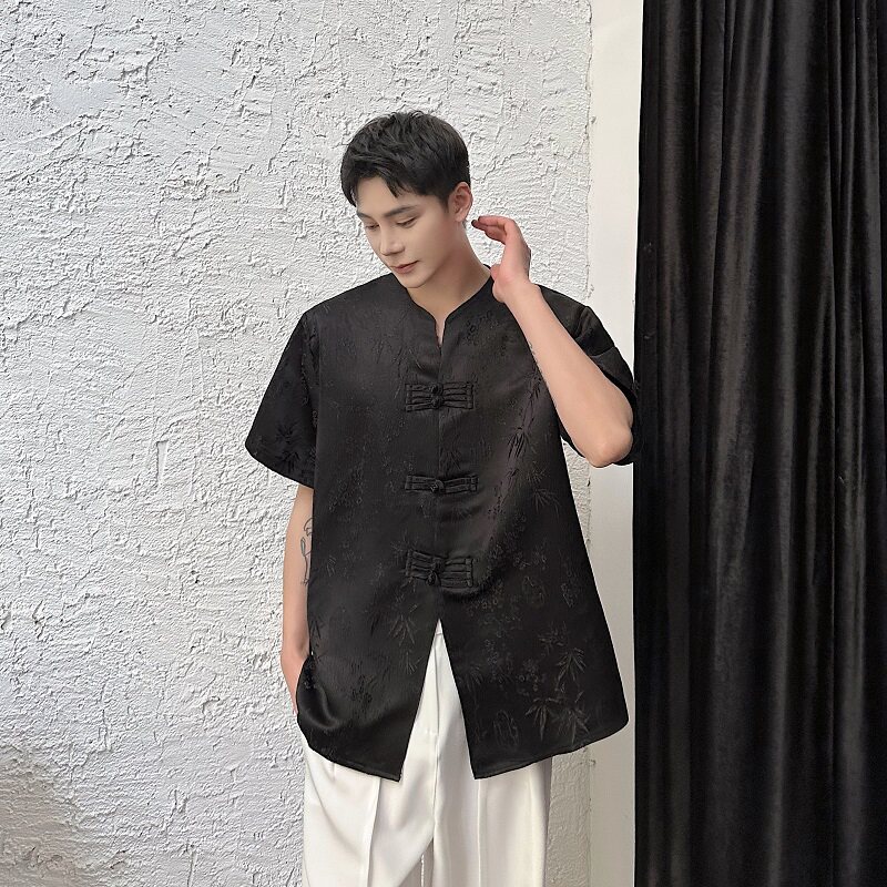 新款中式提花盘扣圆领百搭圆领复古短袖衬衣A246-3569-P85,男装衬衫,电商A246