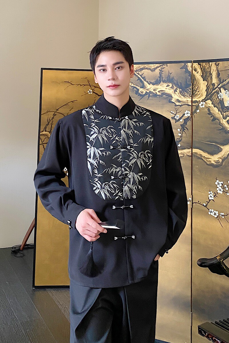 秋季改良新中式刺绣竹盘扣男女立领长袖衬衣潮流风衬衫9762P95,男装衬衫,电商A246