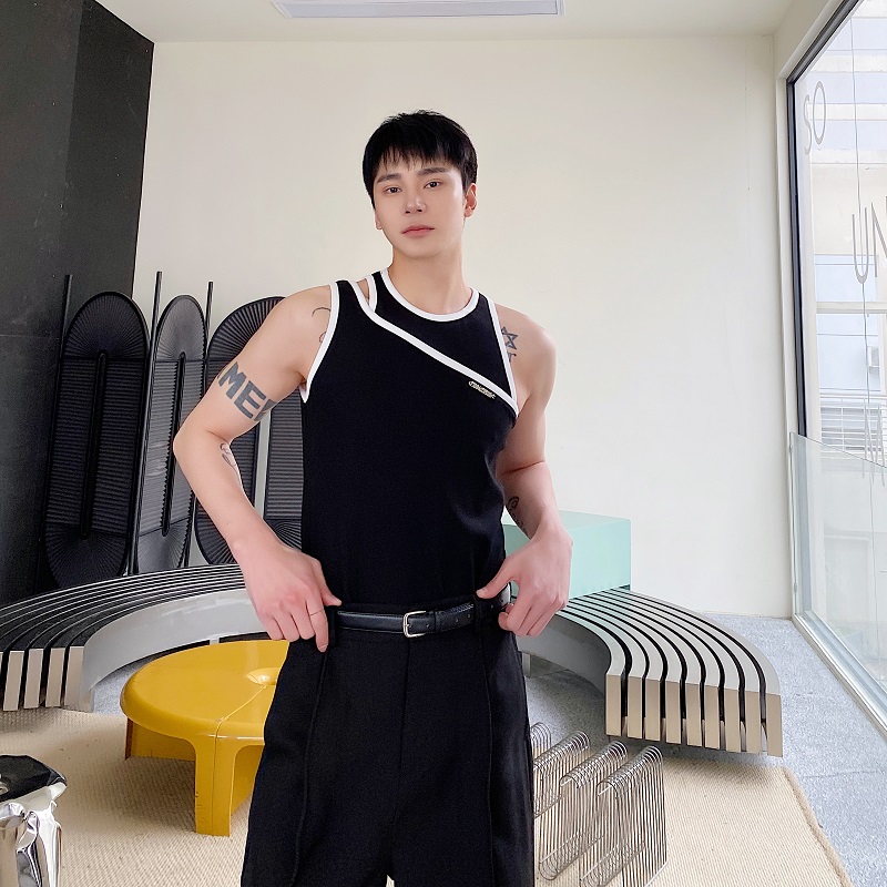 夏季个性撞色包边双肩带男紧身背心禁欲系潮流圆领坎肩2557P60，男装背心/马甲，电商A246