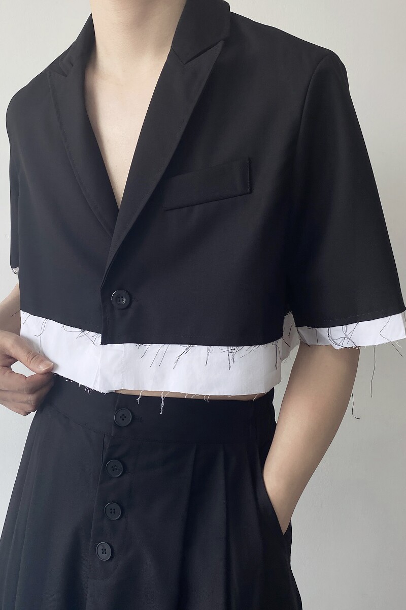 夏季山本暗黑系毛边撞色短款男女半袖西服领衬衣禁欲系2576P75,男装T恤,电商A246