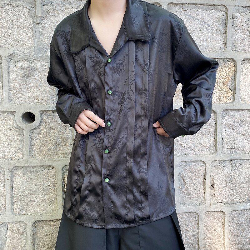 秋季个性提花缎面新中式褶皱设计立领长袖男女衬衣宽松2587P95,男装衬衫,电商A246