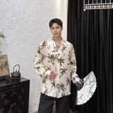 秋复古老钱风肌理纹提花休闲男女长袖衬衣潮流斜襟领衬衫5261P85，男装衬衫，电商A246