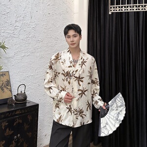 秋复古老钱风肌理纹提花休闲男女长袖衬衣潮流斜襟领衬衫5261P85图片