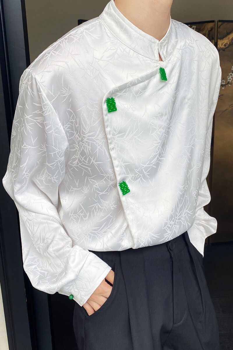 秋季中式斜襟立领长袖男女衬衣复古缎面提花玉喜挂饰衬衫2607P105,男装衬衫,电商A246
