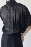 夏季改良中式缎面提花立领短袖男女衬衣潮流复古百褶衬衫3512P90，男装T恤，电商A246