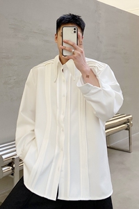 早春设计款褶皱尖角立领长袖男衬衣潮流痞帅纯色免烫衬衫3602P90