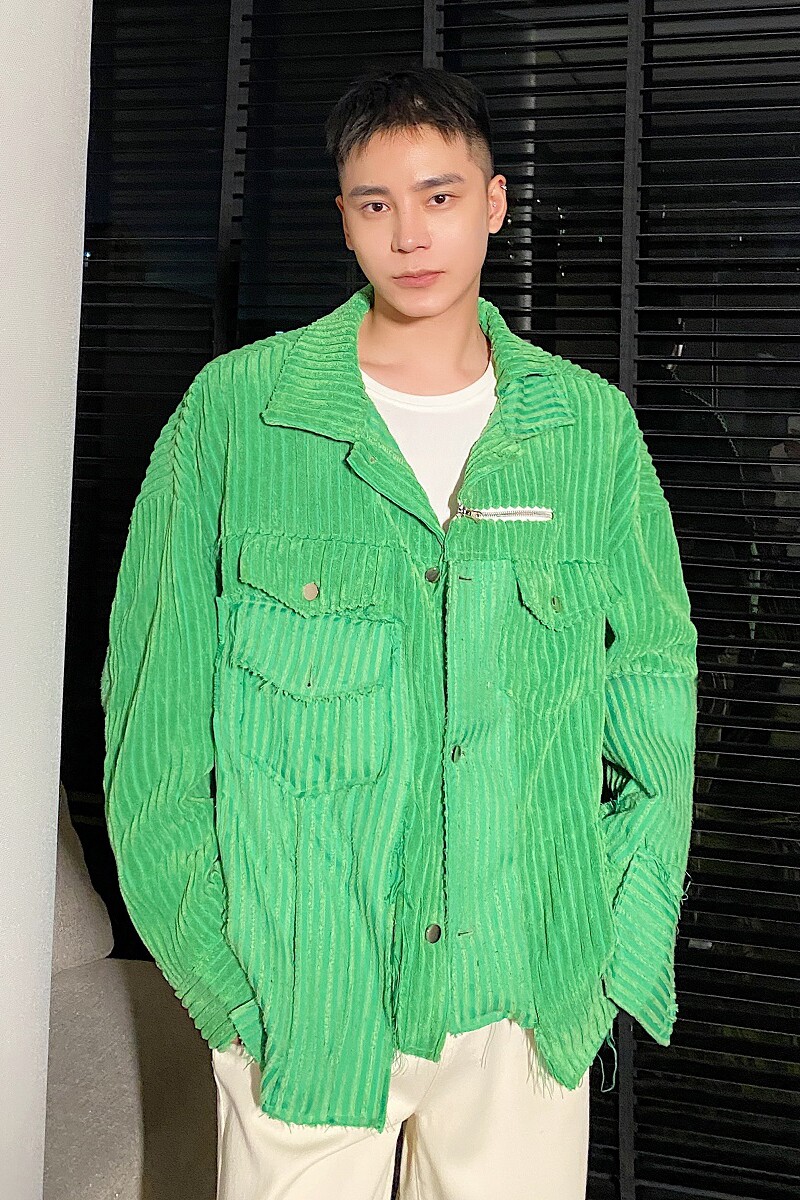 小众设计款毛边拼接潮流BV绿翻领男夹克气质宽松休闲外套3766P140,男装夹克,电商A246