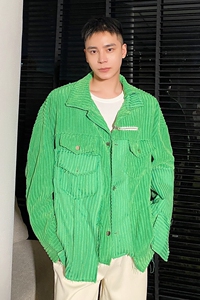 小众设计款毛边拼接潮流BV绿翻领男夹克气质宽松休闲外套3766P140图片