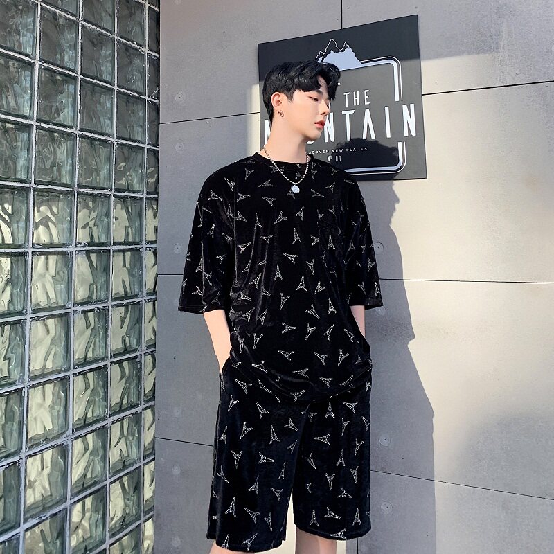 夏季定制丝绒烫钻铁塔潮男圆领短裤休闲套装A261-9033-P105图片