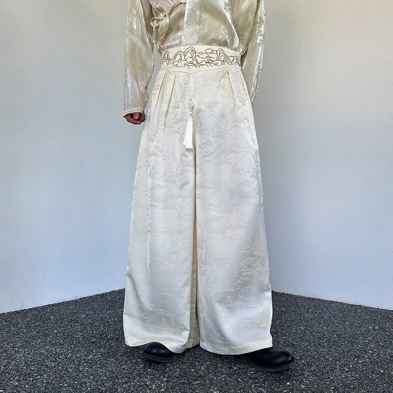 新中式山河刺绣缎面提花玉佩流苏设计阔腿直筒男女长裤6823P110图片