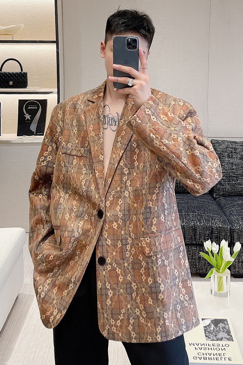 秋季个性蕾丝提花复合毛呢复古格纹男西服潮流宽松男外套3743P135,男装西服,电商A246