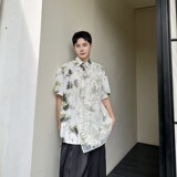 夏季新中式墨竹印花多片刺绣网纱翻领短袖男女衬衣6824P90，男装T恤，电商A246