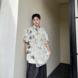 夏季新中式墨竹印花多片刺绣网纱翻领短袖男女衬衣6824P90图片