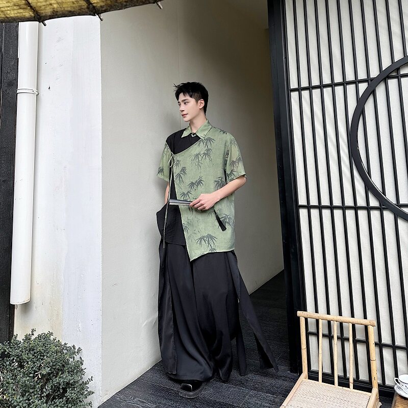 夏季新中式墨竹拼色多片式设计翻领短袖男女衬衣复古风6819P90,男装T恤,电商A246