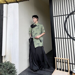 夏季新中式墨竹拼色多片式设计翻领短袖男女衬衣复古风6819P90图片