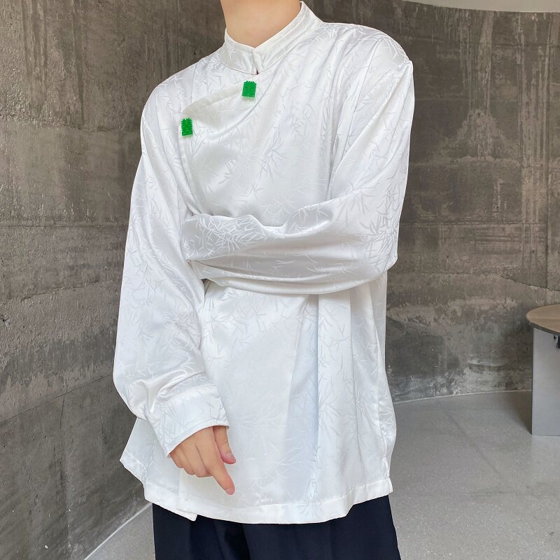 秋季中式斜襟立领长袖男女衬衣复古缎面提花玉喜挂饰衬衫2607P105,男装衬衫,电商A246
