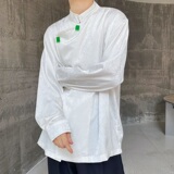 秋季中式斜襟立领长袖男女衬衣复古缎面提花玉喜挂饰衬衫2607P105，男装衬衫，电商A246