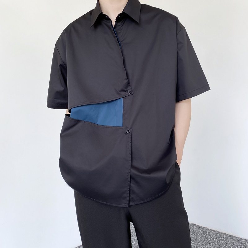 夏季暗黑系双门襟拼色设计翻领短袖男女衬衣日系休闲衬衫3507P70图片