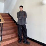 秋季潮流复古深灰条纹破洞烫钻设计翻领长袖男女衬衣2649P95，男装衬衫，电商A246
