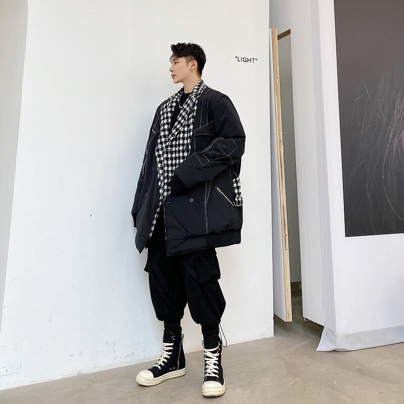 冬季设计款格纹拼接个性缝线拉链小众潮流炸街时髦棉衣3814-P185，男装棉衣，电商A246