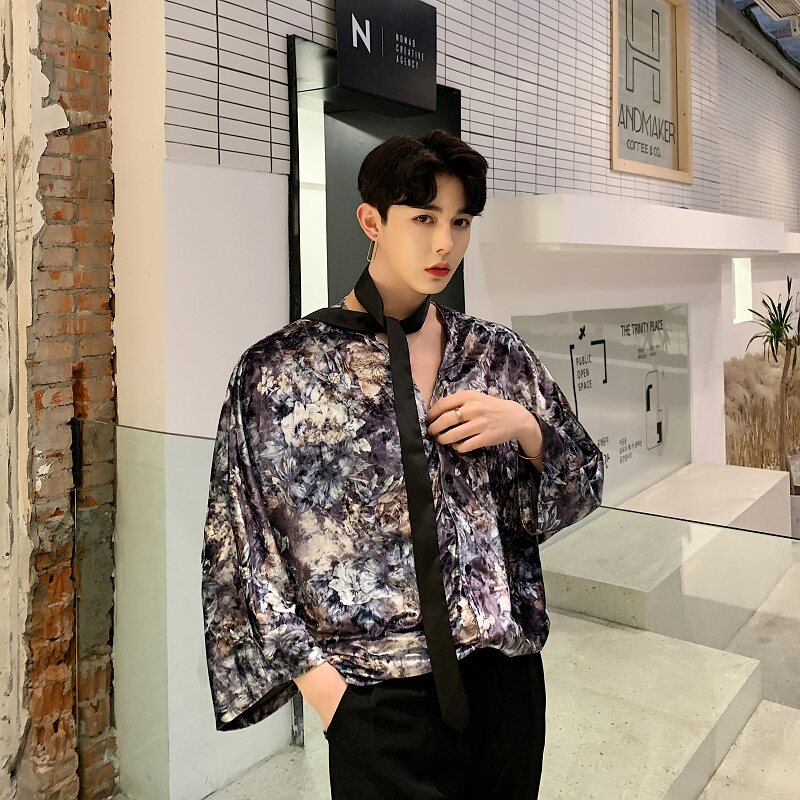 小众走秀款丝绒提花飘带圆领宽松七分下男衬衣A261-2081-P70图片