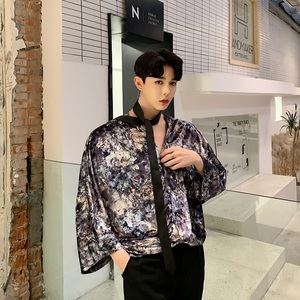 小众走秀款丝绒提花飘带圆领宽松七分下男衬衣A261-2081-P70图片