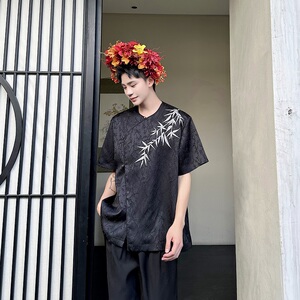 夏季新中式提花刺绣圆领短袖男女衬衣风复古衬衫7627P95图片
