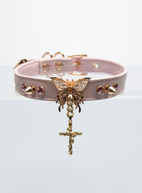 亚文化男女镭射皮choker项圈小众原创蝴蝶十字架项圈
