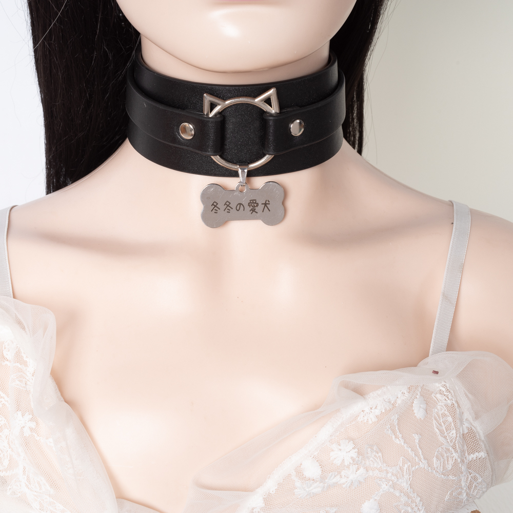 真皮项圈男女定制刻字带链子