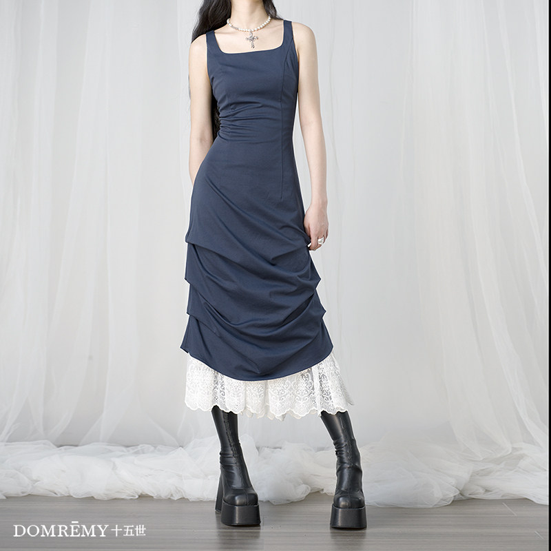 Domremy十五世【海浪蕾丝】夏设计感掐腰气质不规则摆吊带连衣裙
