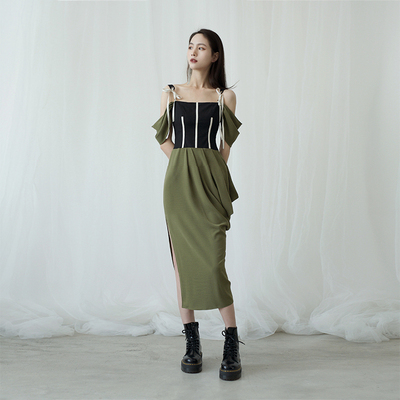 暗黑不对称直筒棉麻拼色绑带