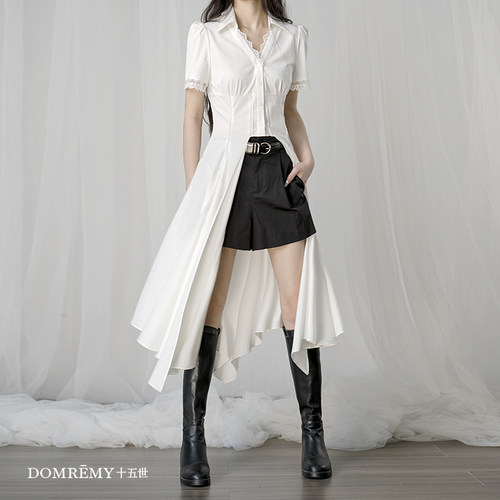 Domremy【甩尾开衫】夏短袖哥特小众设计感纯欲蕾丝长款女衬衫