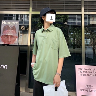 纯色翻领短袖T恤polo衫男潮牌日系宽松百搭上衣原宿港风百搭半袖