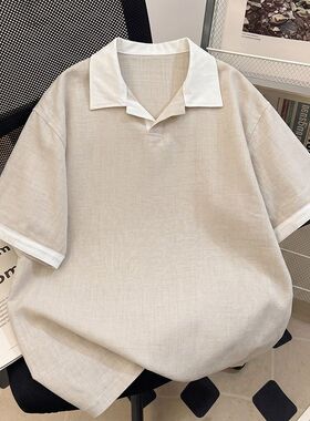 现货百搭老钱风仿麻拼接撞色短袖T恤男DT6174
