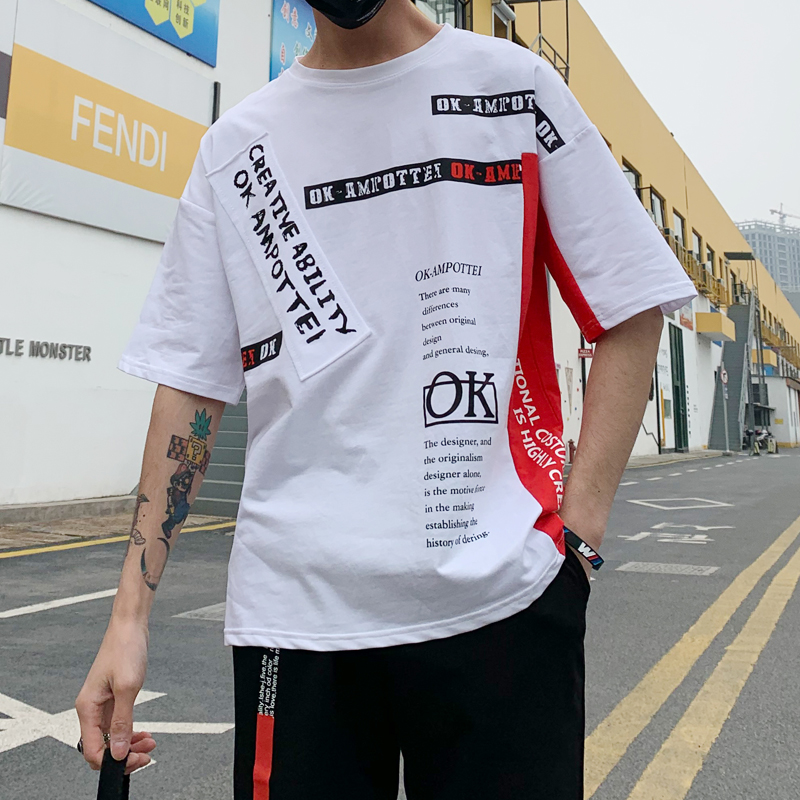 夏季青少年短袖t恤男士半袖衣服潮牌潮流街头个性嘻哈宽松五分袖
