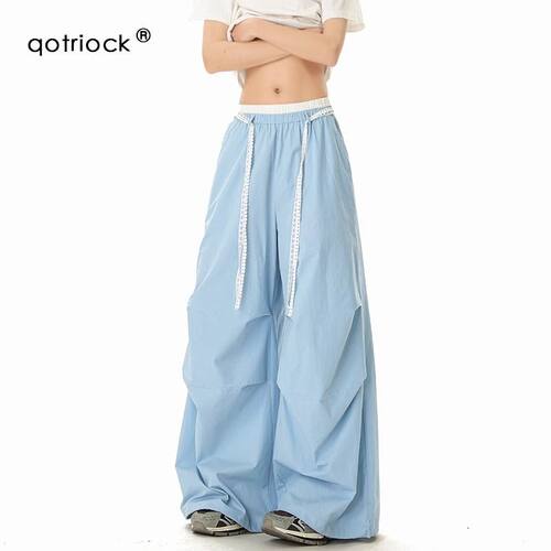 蓝色蕾丝拼接速干伞兵裤男女夏季hiphop褶皱防晒裤情侣阔腿休闲裤