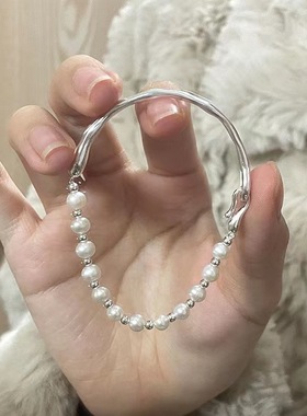 轻奢级感气质简约树枝手链白铜镀银半镯半链天然淡水珍珠手镯女