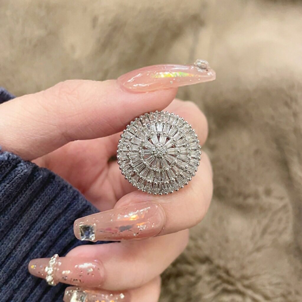 超闪满天星圆形满钻戒指女小众设计重工夸张花型锆石开口指环女图片