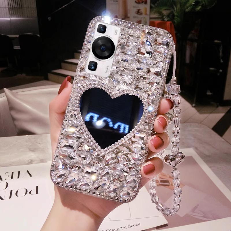 华为P60Pro镜子支架手机壳奢华新款P50带钻Mate40高级水晶p30全包防摔nova110网红女荣耀80适用70SE女90手链+