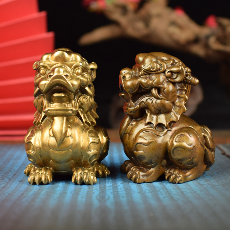 铜实心祥瑞麒麟手把件文房镇纸